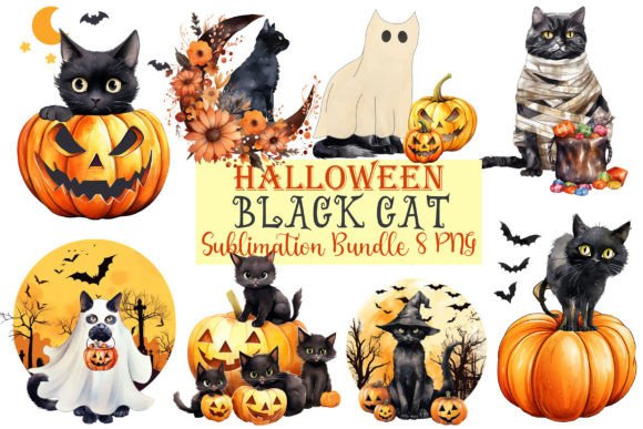Halloween Black Cat Watercolor Bundle – Festive Graphics for T-Shirt Designs & Local Branding